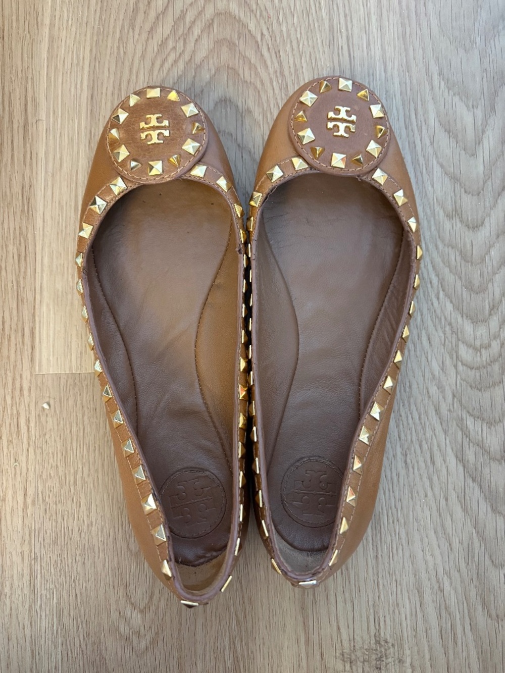 Tory Burch Dale Ballet Flats, Tan Leather Studded, Size 9